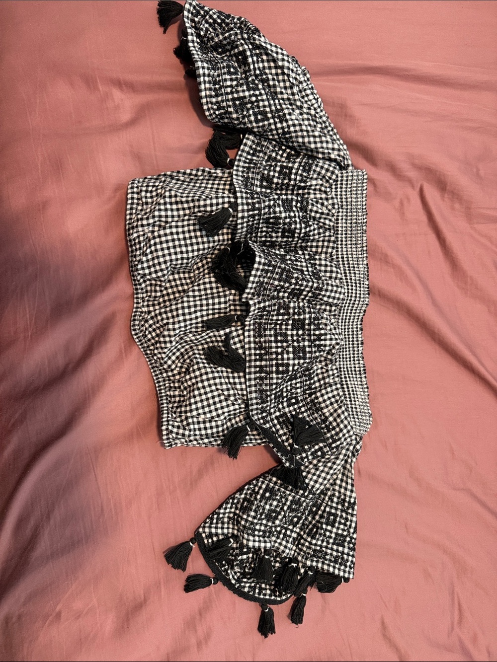 American Eagle Outfitters Black and White Gingham Off-Shoulder Top with Tassels